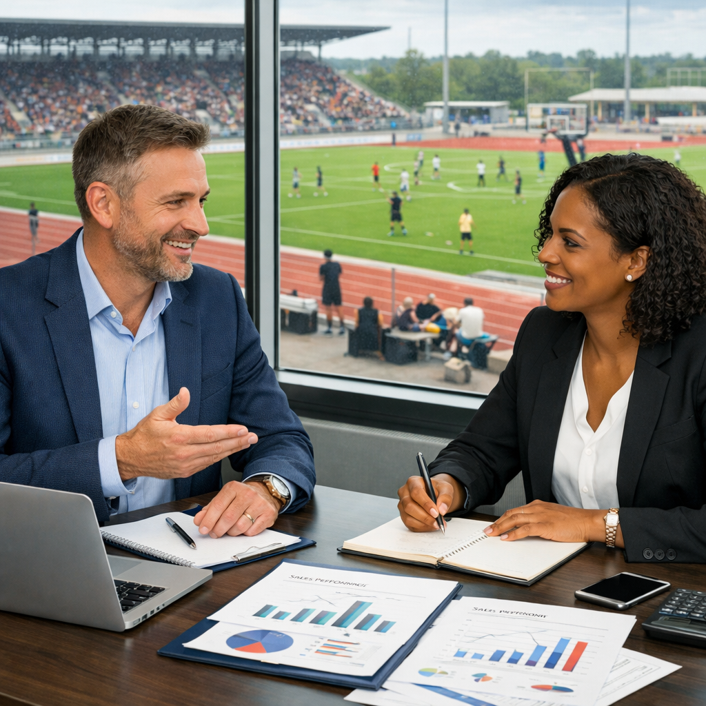 deux personnes changeant dans un bureaux avec un environnement sportif derrire cette runion parle de ventes deux personnes changeant dans un bureaux avec un environnement sportif derrire cette runion parle de ventes