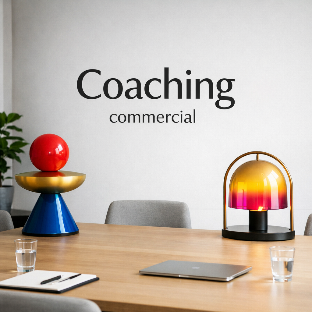 imagine une image au design minimaliste avec les mots Coaching commercial Jaimerai une image plus raliste et prsentant ces lments dans un environneme