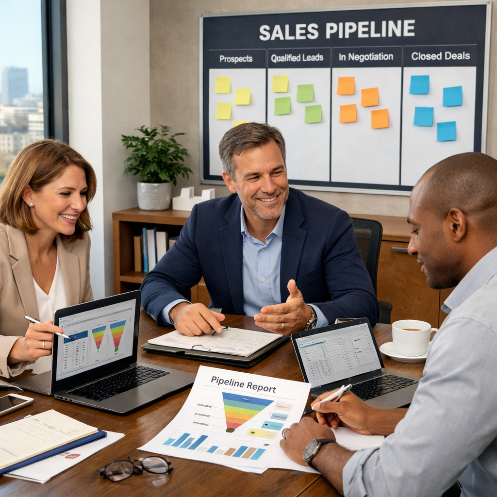 une runion business dans un joli bureau et trois personnes qui bossent sur un pipe commerciale-1